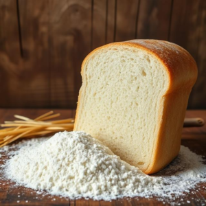 A rustic wooden table featuring a loaf of bread alongside a pile of flour, highlighting the ingredients of baking.