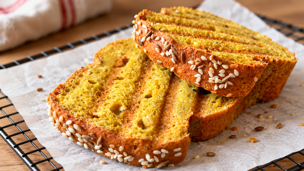 Sliced red lentil bread showing its crumb and seeded crust on a wire rack