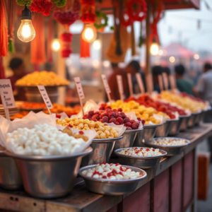 A vibrant outdoor market showcasing an array of fresh food items, including fruits, vegetables, and local delicacies