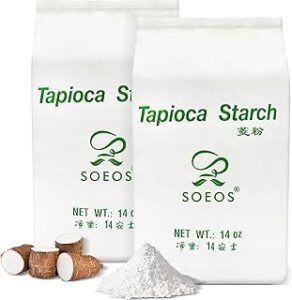 Two bags of tapioca starch with coconut displayed side by side on a neutral background.