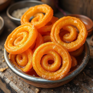 A bowl filled with orange spiral-shaped snacks sits on a rustic wooden table, inviting and colorful.