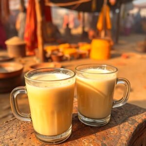 Two cups of milk tea placed on a rustic wooden table, inviting and warm in appearance.