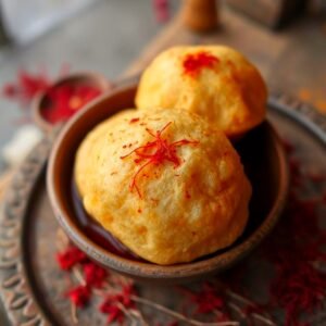 Two small bread balls on a plate, surrounded by vibrant red flowers, creating a charming and inviting presentation.