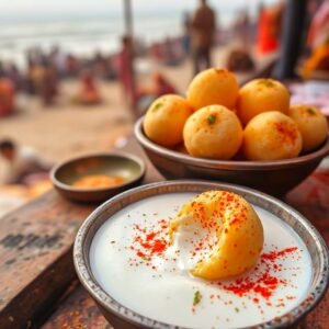  A bowl filled with yogurt placed beside several dough balls, creating a visually appealing and inviting display.