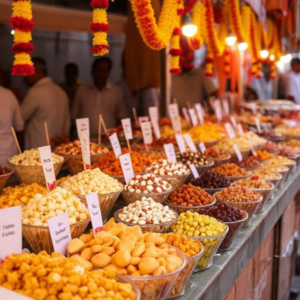 A vibrant display of assorted Indian sweets arranged attractively at a bustling market stall.