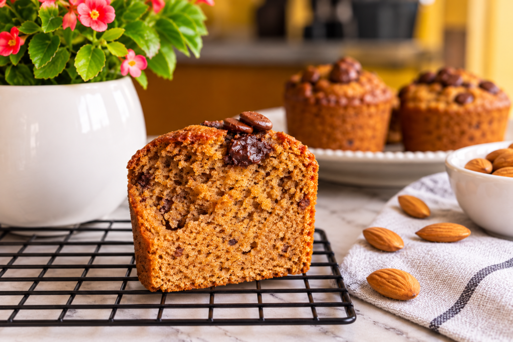 Gluten-free egg-free almond flour muffin showing a moist crumb