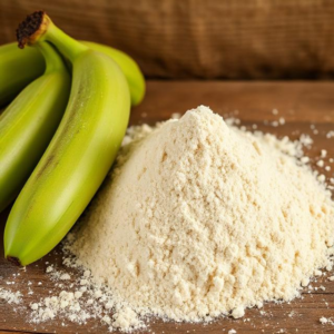 A wooden table displaying a bunch of ripe bananas alongside a bag of flour, creating a rustic kitchen scene.