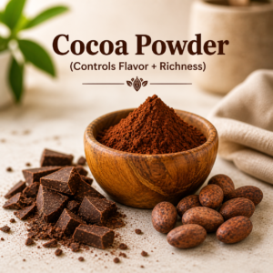 Bowl of cocoa powder with chocolate pieces and cocoa beans showing how cocoa powder controls flavor and richness in gluten-free baking.