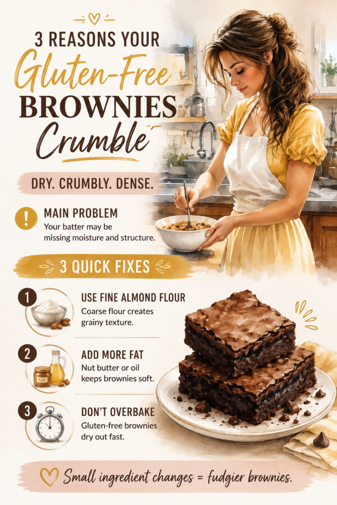 Infographic showing why gluten-free brownies crumble with 3 quick fixes including fine almond flour, extra moisture and fat, and avoiding overbaking for fudgier brownies.