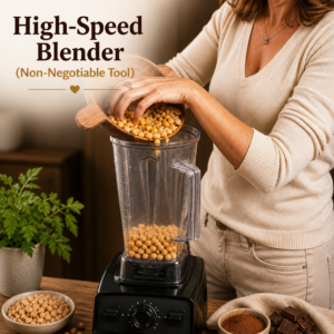 High-speed blender blending chickpeas to create smooth batter for moist and fudgy gluten-free brownies.