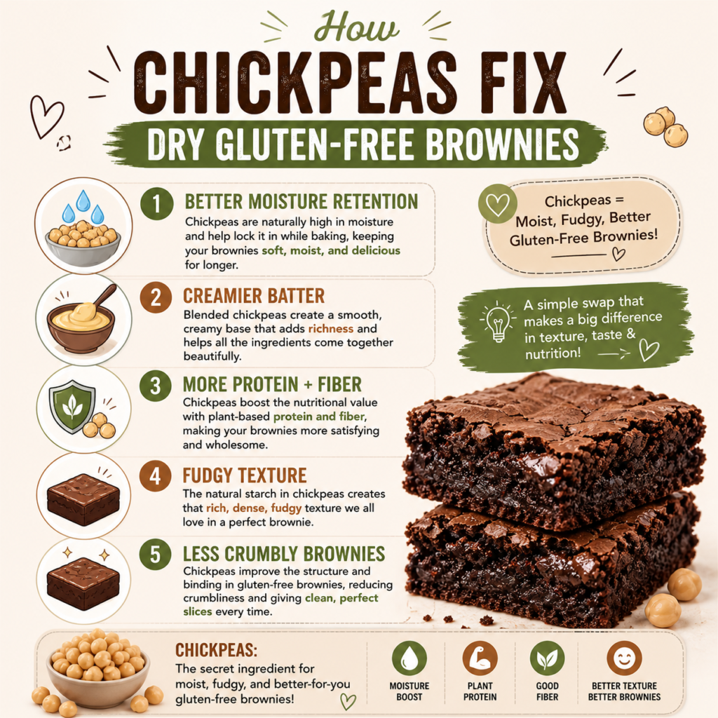how chickpeas make gluten-free brownies moist and fudgy infographic with moisture retention, creamy batter, fudgy texture, and less crumbly brownies