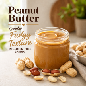 Jar of creamy peanut butter with peanuts showing how peanut butter creates a fudgy texture in gluten-free baking like brownies.