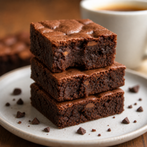 Stacked moist fudgy gluten-free brownies showing soft texture and rich chocolate interior made with chickpeas.