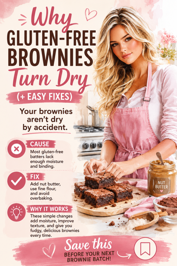 Infographic explaining why gluten-free brownies turn dry with easy fixes including nut butter, fine flour texture, moisture balance, and avoiding overbaking for fudgy brownies.