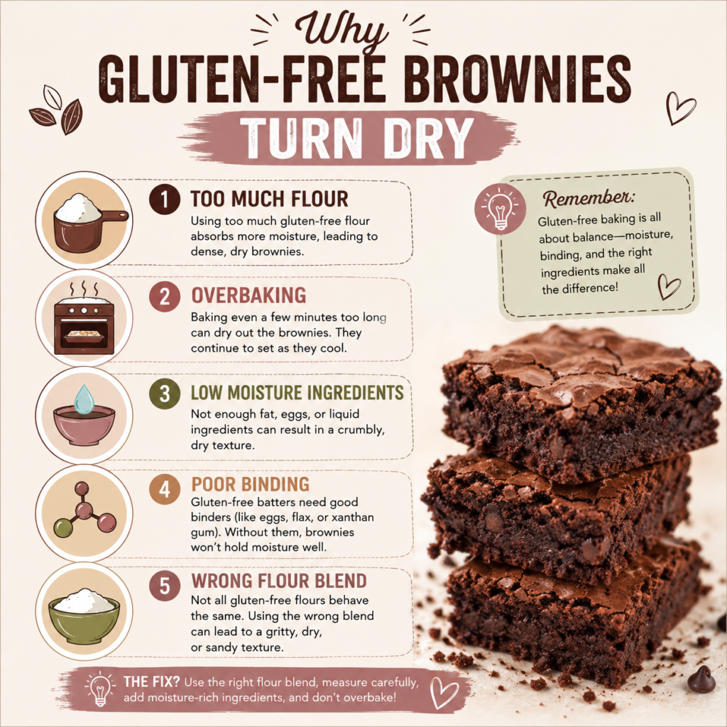 why gluten-free brownies turn dry infographic showing common causes of dry, crumbly gluten-free brownies including overbaking, poor binding, and wrong flour blends