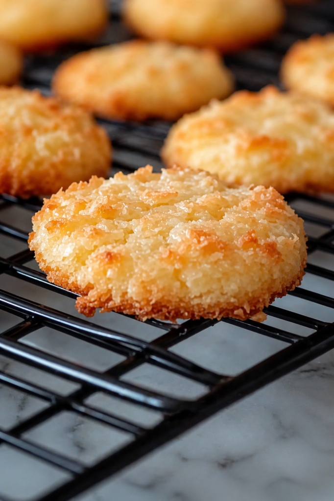 Almond coconut cookies on a wire rack, soft chewy cookies with toasted coconut and almond bits, homemade almond coconut cookies, gluten-free almond coconut treats, baked almond and coconut cookies with golden crust.