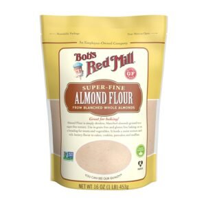 Bob's Red Mill Super-Fine Almond Flour in resealable yellow package, gluten-free, non-GMO, paleo-friendly, 16 oz (1 lb), ideal for healthy baking and cooking.