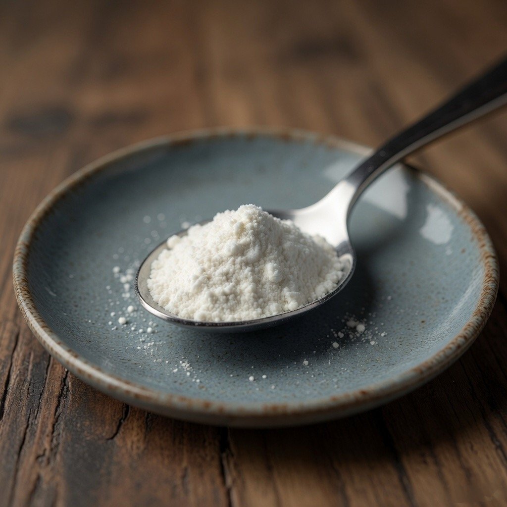why is my cake dense? Close-up of baking powder on a spoon placed on a ceramic plate, used as a leavening agent in baking cakes