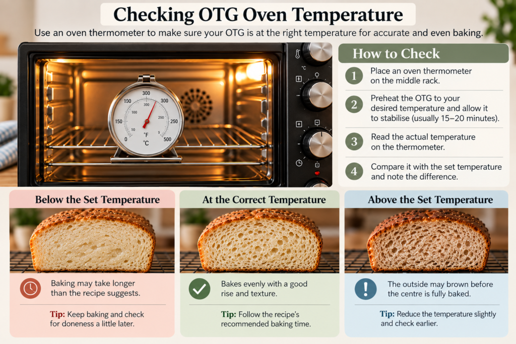 Checking an OTG oven’s actual temperature with an oven thermometer before baking.