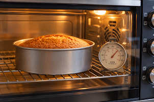 Cake baking in an OTG oven with an oven thermometer