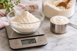 Weighing flour on a digital kitchen scale for baking