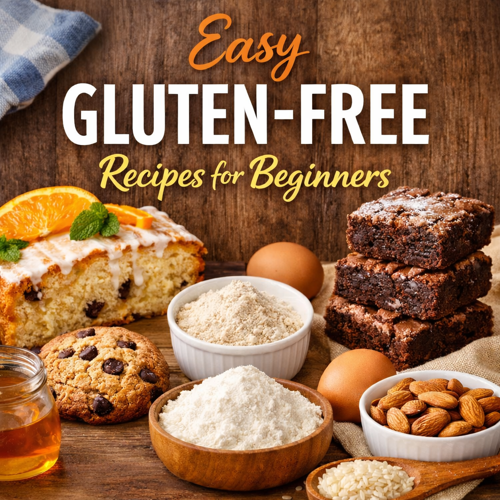 Easy gluten-free baking recipes for beginners with cake, brownies, cookies, almond flour, and healthy ingredients displayed on wooden background