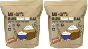Anthony's Organic Brown Rice Flour packaging with illustration of rice grains, a bowl of flour, and baking tools, highlighting gluten-free and non-GMO qualities.