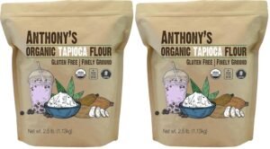 Two bags of Anthony's Organic Tapioca Flour, 2.5 lb each, featuring illustrations of a bubble tea drink, tapioca pearls, ginger root, and garlic on the packaging.