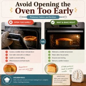 Comparison showing oven opened too early causing cake collapse vs closed oven with properly baked cake and stable temperature