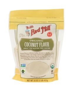 Bob's Red Mill Organic Coconut Flour in yellow resealable package, gluten-free, non-GMO, USDA organic, 16 oz, ideal for healthy gluten-free baking.