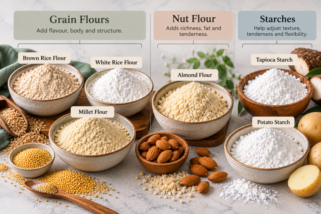 Brown rice flour, white rice flour, millet flour, almond flour, tapioca starch and potato starch for gluten-free baking.