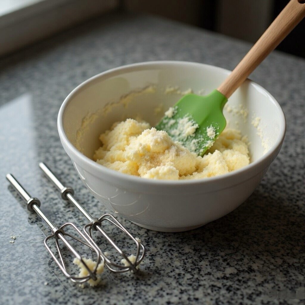 why is my cake dense? Butter and sugar mixture curdled in a bowl with a spatula, showing over creaming issue in cake batter preparation