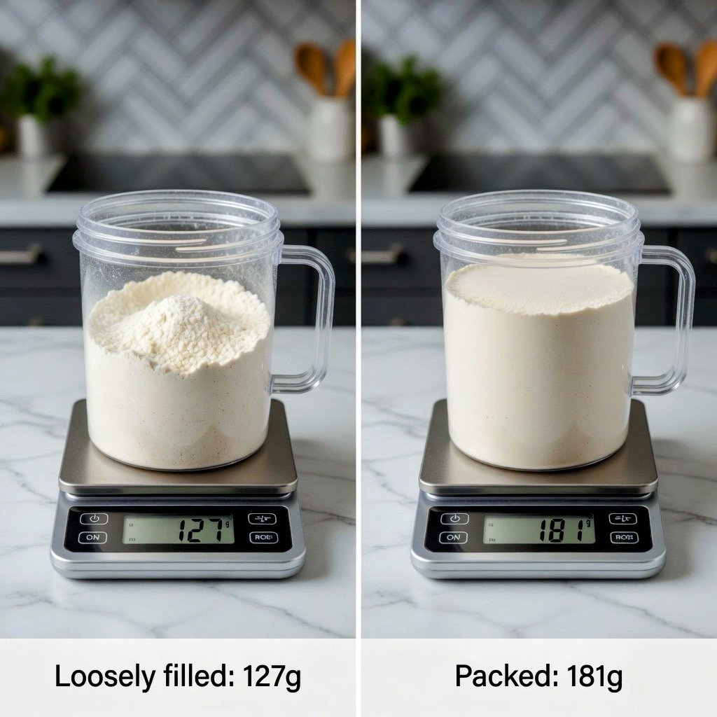 why is my cake dense? Side-by-side comparison of flour measurement showing loosely filled flour at 127g vs packed flour at 181g on a kitchen scale