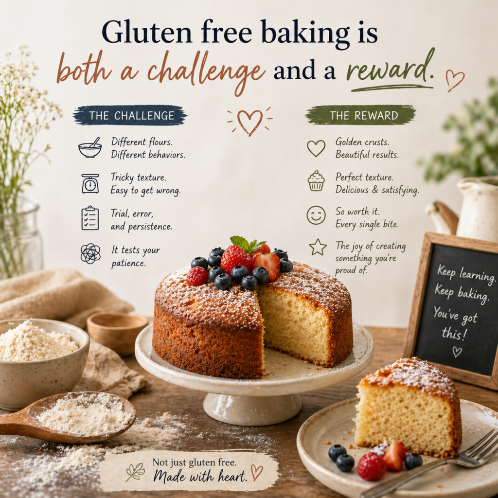 A gluten-free cake topped with berries on a cake stand, surrounded by baking ingredients and a chalkboard with motivational baking tips.