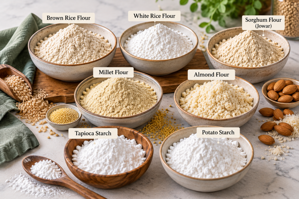 Gluten-free baking flours and starches, including brown rice flour, white rice flour, sorghum flour, millet flour, almond flour, tapioca starch and potato starch.