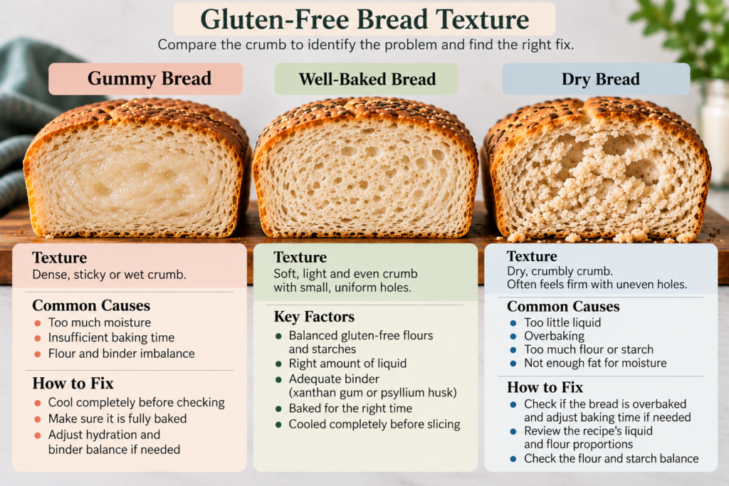 Comparison of gummy, well-baked and dry gluten-free bread textures, with causes and troubleshooting tips.