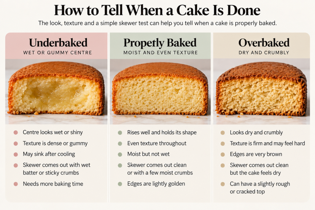 Underbaked, properly baked and overbaked cake comparison
