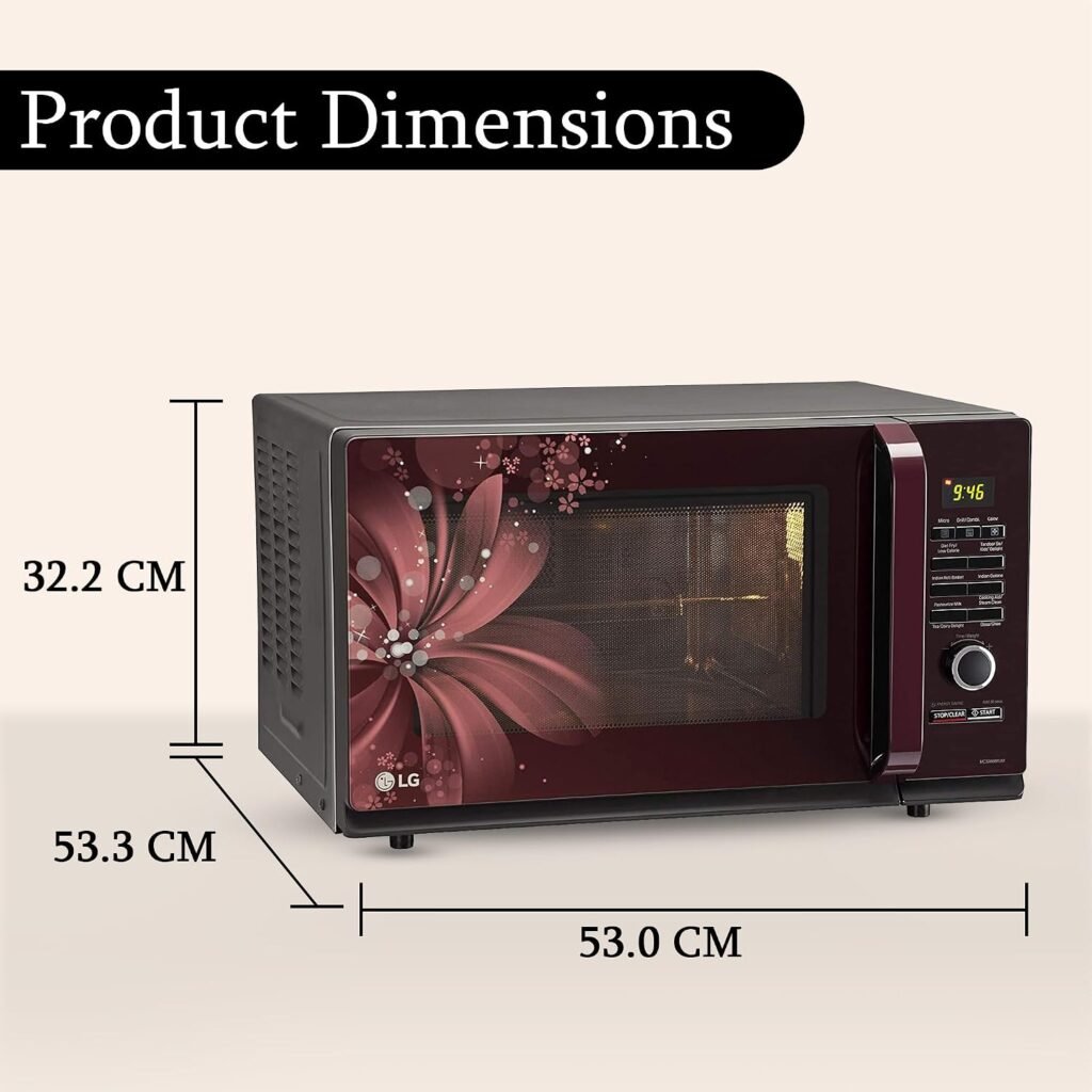 LG MC3286BRUM 32L convection microwave oven showing its exterior dimensions