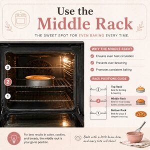 Cake baking on the middle oven rack showing correct rack position for even heat distribution and consistent baking results