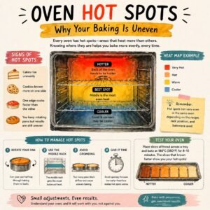 Diagram showing oven hot spots with uneven baking areas and tips like rotating trays for even cooking