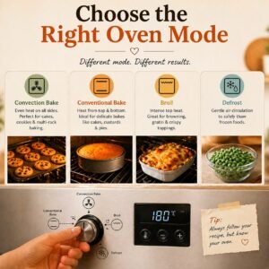 Visual guide showing convection bake, conventional bake, broil and defrost oven modes with baking examples and oven control panel set to 180°C
