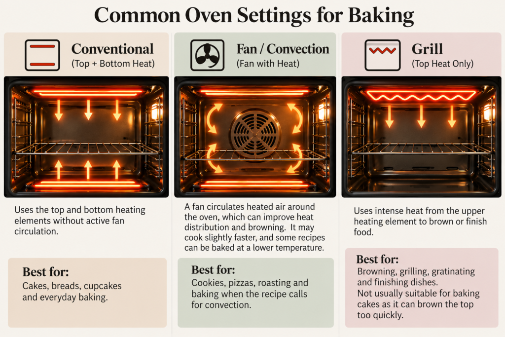 Conventional, convection and grill oven settings for baking