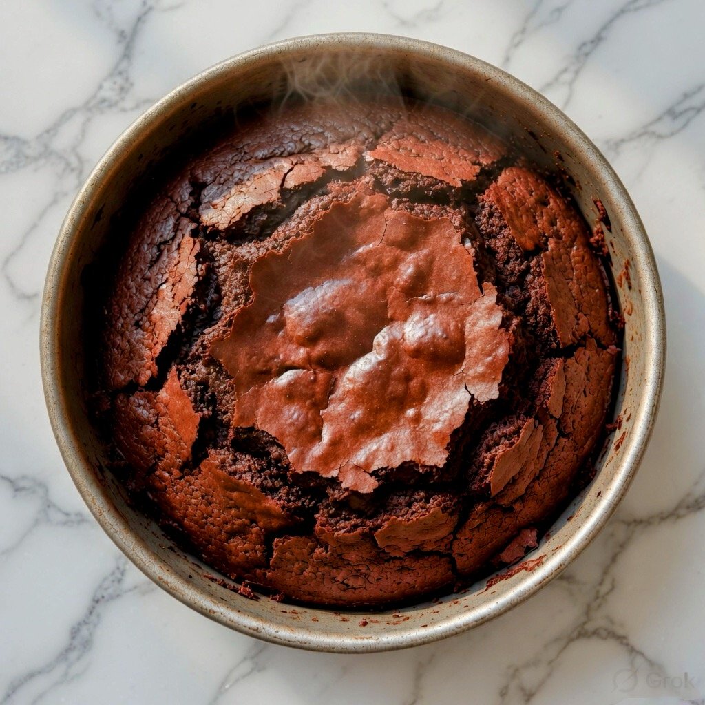 why is my cake dense? Overbaked chocolate cake with a cracked dry top in a baking pan, showing signs of excess baking time or high oven temperature