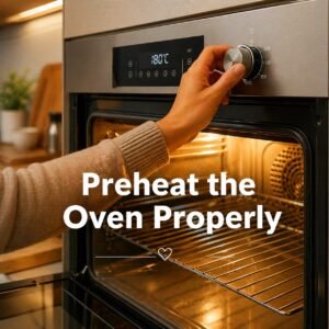 Hand adjusting oven temperature knob while preheating a modern oven for baking at 180°C with warm interior light
