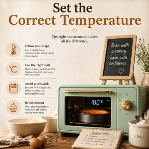 Infographic showing correct oven temperature settings with cake baking at 180°C in a modern kitchen oven and baking tips displayed