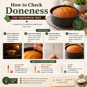 Step by step toothpick test showing how to check cake doneness with clean, moist crumbs and wet batter examples