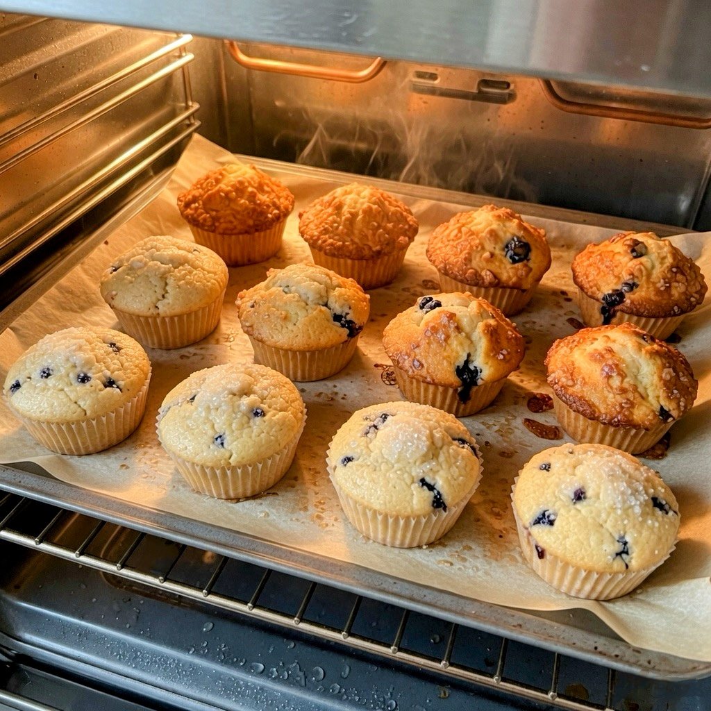 why is my cake dense? Tray of muffins baking unevenly in an oven, showing different browning levels caused by oven hot spots and temperature inconsistency