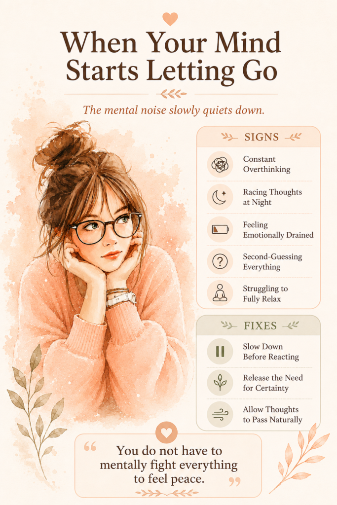 Minimalist infographic about how to stop overthinking naturally featuring constant overthinking, racing thoughts at night, emotional exhaustion, difficulty relaxing, and calming ways to quiet mental noise and feel inner peace.