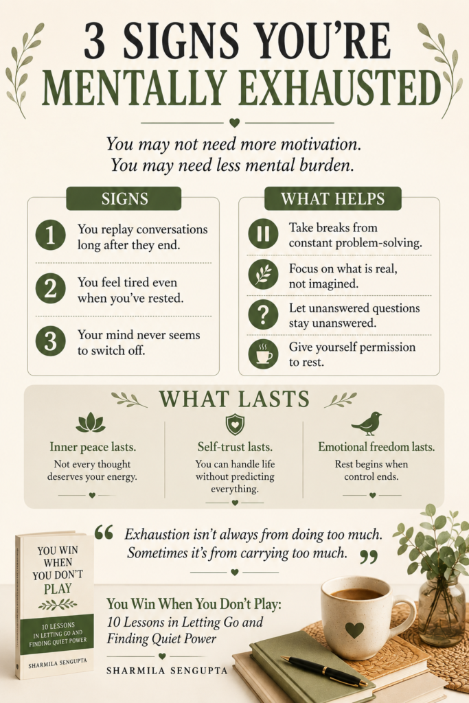 Infographic titled "3 Signs You're Mentally Exhausted" explaining common signs of mental exhaustion, practical ways to find relief, and insights on inner peace, self-trust, and emotional freedom from You Win When You Don't Play by Sharmila Sengupta.
