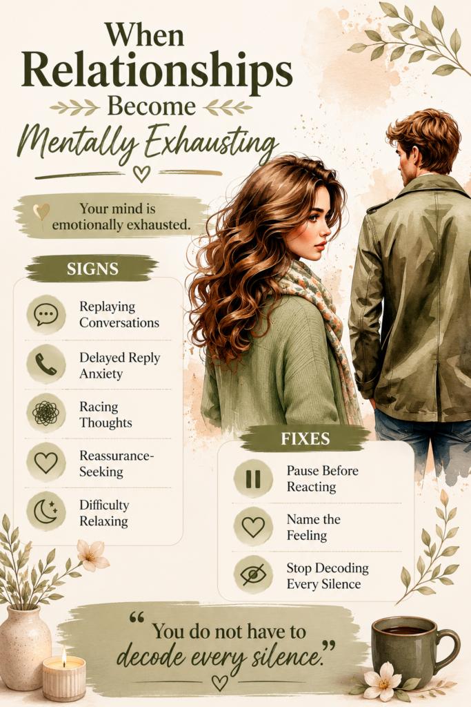 Infographic about relationship overthinking and emotional exhaustion featuring signs like replaying conversations, delayed reply anxiety, racing thoughts, reassurance-seeking, and calming tips to stop overthinking naturally and quiet an overactive mind.